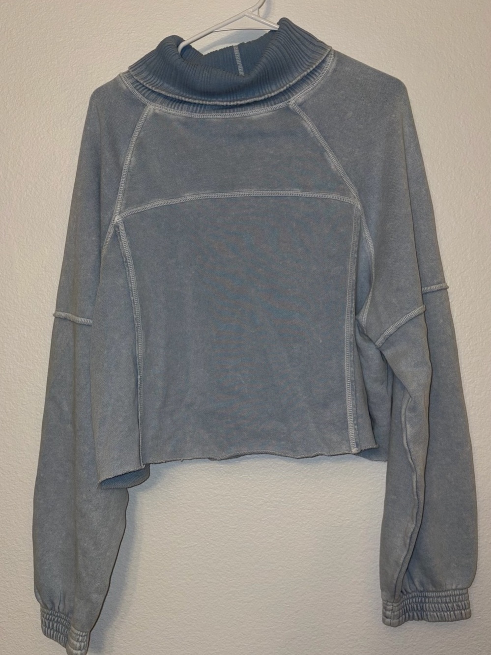 Aerie Womens M Blue Wash Raw Hem Mock Neck Crop Sweatshirt